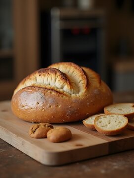 Freshly baked artisanal bread on wooden board in rustic kitchen