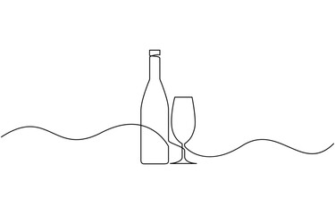 Wine bottle and wine glass drawing with one continuous line, Continuous line one drawing of wine bottle with wineglass, The image shows the silhouette of a vermouth.