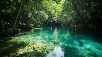 Discover the tranquility of a serene tropical oasis. This stunning image captures the beauty of lush greenery and crystal-clear waters. Immerse yourself in nature. Generative AI