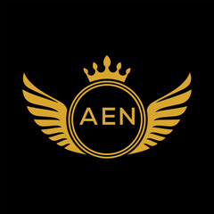 AEN Royal Golden Wing Logo with Crown and Initials - Premium Brand Identity Design on Black Background. AEN Letter Logo.
