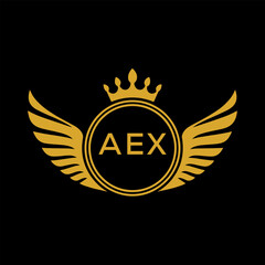 AEX Royal Golden Wing Logo with Crown and Initials - Premium Brand Identity Design on Black Background. AEX Letter Logo.
