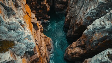 A stunning aerial view of rocky cliffs framing a clear blue river. The natural beauty is captivating and inspiring. Explore the wonders of nature through this breathtaking scene. Generative AI