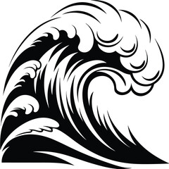 Illustrated black wave crests powerfully upward with dynamic motion in this stylized line art