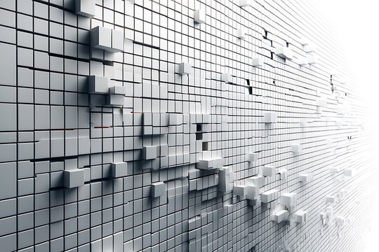 Abstract 3D rendering of a white textured wall with extruded cubes creating a futuristic design.