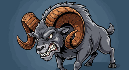 Aggressive Cartoon Ram with Large Curving Horns