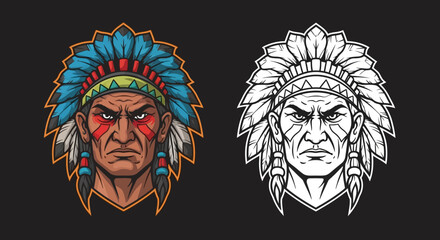 Native American Indian Chief Head, Headdress, Portrait, Vector Illustration