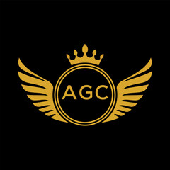 AGC Royal Golden Wing Logo with Crown and Initials - Premium Brand Identity Design on Black Background. AGC Letter Logo.
