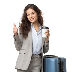 Business woman traveling with coffee and luggage giving thumbs up for great travel experience