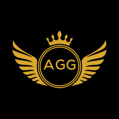 AGG Royal Golden Wing Logo with Crown and Initials - Premium Brand Identity Design on Black Background. AGG Letter Logo.
