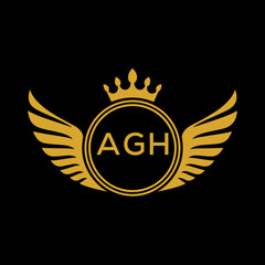 AGH Royal Golden Wing Logo with Crown and Initials - Premium Brand Identity Design on Black Background. AGH Letter Logo.

