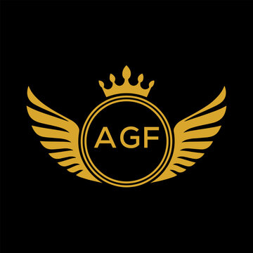 AGF Royal Golden Wing Logo with Crown and Initials - Premium Brand Identity Design on Black Background. AGF Letter Logo.
