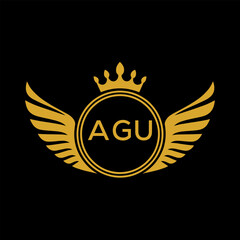 AGU Royal Golden Wing Logo with Crown and Initials - Premium Brand Identity Design on Black Background. AGU Letter Logo.
