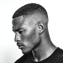 Black and white portrait of a man with a fade haircut and short beard looking down in profile view studio shot
