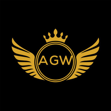 AGW Royal Golden Wing Logo with Crown and Initials - Premium Brand Identity Design on Black Background. AGW Letter Logo.
