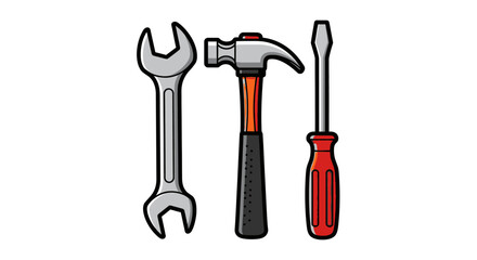 Cartoon illustration of a wrench, hammer, and screwdriver