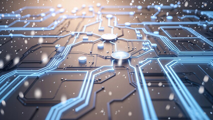 Illuminated circuit board abstract depicting data transmission and technological advancements in the digital age