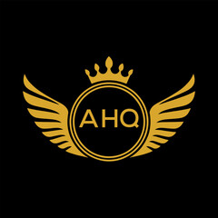 AHQ Royal Golden Wing Logo with Crown and Initials - Premium Brand Identity Design on Black Background. AHQ Letter Logo.

