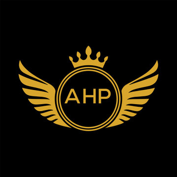 AHP Royal Golden Wing Logo with Crown and Initials - Premium Brand Identity Design on Black Background. AHP Letter Logo.
