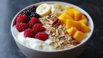 Bowl of yogurt with fresh raspberries, mango, banana and blackberries. Showcase healthy breakfast or snack, balanced nutrition, tasty, dieting.