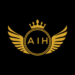 Naklejka premium AIH Royal Golden Wing Logo with Crown and Initials - Premium Brand Identity Design on Black Background. AIH Letter Logo. 