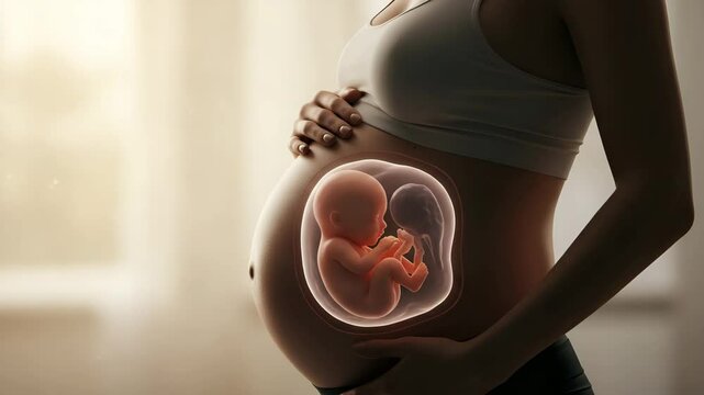 Pregnant woman holding belly with fetus overlay image