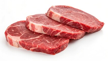 Three raw beef steaks arranged on a white background.