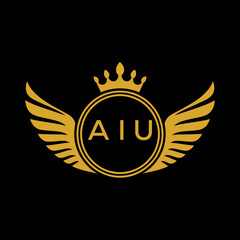 Naklejka premium AIU Royal Golden Wing Logo with Crown and Initials - Premium Brand Identity Design on Black Background. AIU Letter Logo. 
