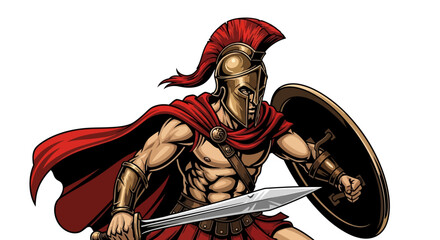 Obraz premium Cartoon Spartan Warrior with Sword and Shield in Attack Pose
