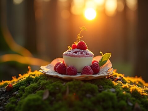 Dessert on Mossy Forest Floor at Sunset, Sweet Indulgence