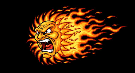 Angry Sun Face with Fiery Flames Design