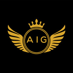 AIG Royal Golden Wing Logo with Crown and Initials - Premium Brand Identity Design on Black Background. AIG Letter Logo.

