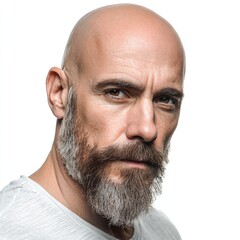 Portrait of a bald man with beard close up studio shot for mens grooming and personal care products