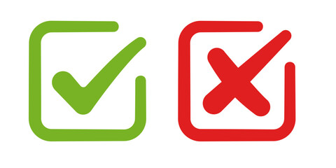 Green check mark and red cross in square. Vector illustration