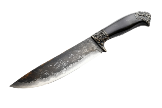 Elegant antique knife with intricate handle and textured blade on white background