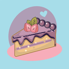 Delicious slice of cake with blueberry icing, topped with sliced strawberries, fresh blueberries, and green leaves, cartoon style with soft pastel colors, perfect for dessert and bakery themes