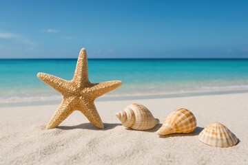Starfish seashells sandy beach