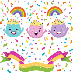 Cute Celebration Characters With Rainbow and Confetti Background