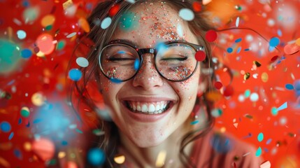 A young woman laughs joyfully, surrounded by colorful confetti and sparkles, epitomizing celebration and happiness, perfect for festive and cheerful occasions.
