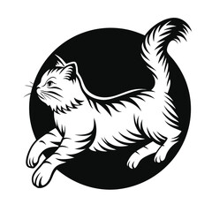 Monochrome feline gracefully leaps forward against a bold, contrasting circular backdrop, displaying artistic elegance