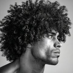 Black and white portrait of man with afro hair looking up in profile studio shot for hair style guide