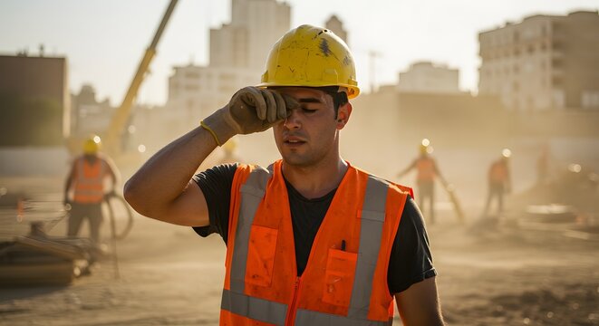 Safety Helmet Worn by Tired Worker Under Blazing Sun at Busy Urban Construction Site