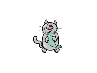 A Happy Cartoon Cat Enjoys a Delicious Fish Meal