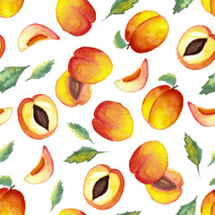 seamless pattern of watercolor whole and halved apricots on white background with leaves