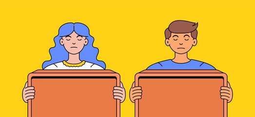 A boy and a girl stand side by side holding blank boards with calm expressions, on a vibrant yellow background in  cartoon style vector hand drawn illustration