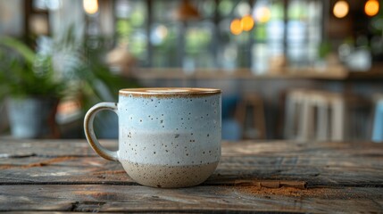 Fototapeta premium A beautifully crafted artisan coffee mug rests on a rustic wooden table, surrounded by a cozy café environment that radiates warmth and the love for handmade craftsmanship.