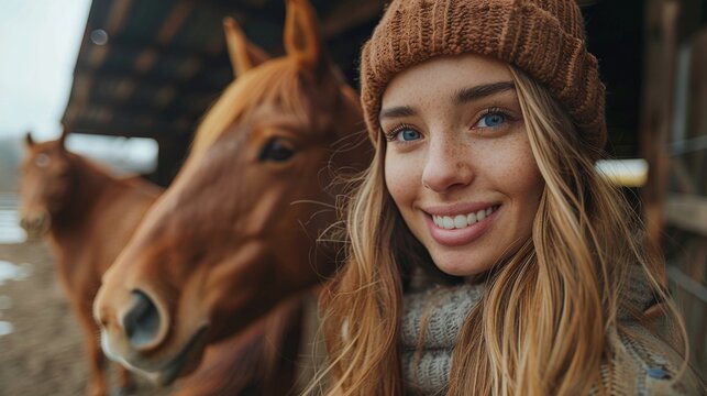 A cheerful young woman smiles alongside her horse in a stable environment, symbolizing the deep bond between humans and animals, joy, and connection in daily life.