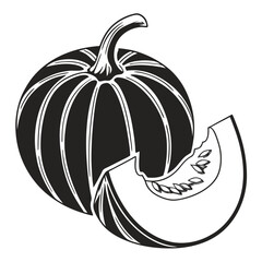 Monochrome pumpkin with a slice showcases the seeds, presented in simple lines