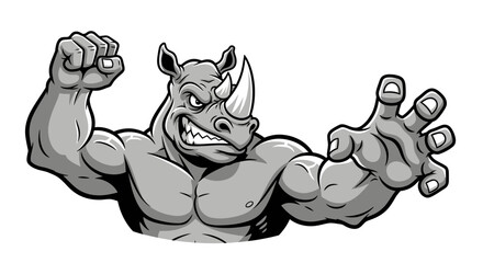 Muscular Cartoon Rhino Mascot with Aggressive Expression and Raised Fists