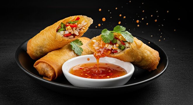 Crispy fried spring rolls with a flavorful filling, dipping in a sweet chili sauce with a dynamic splash