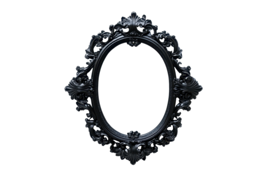 Intricate ornate black oval frame on dark background for elegant wall decor